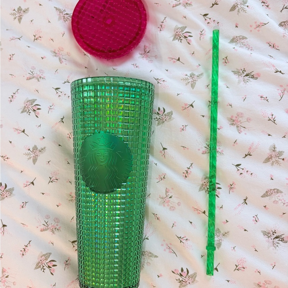Starbucks Green Studded Tumbler with Green Straw and Pink Lid Accent